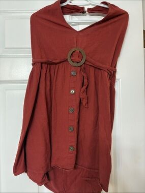 Rust Red Halter Button-Front  with Wooden Ring